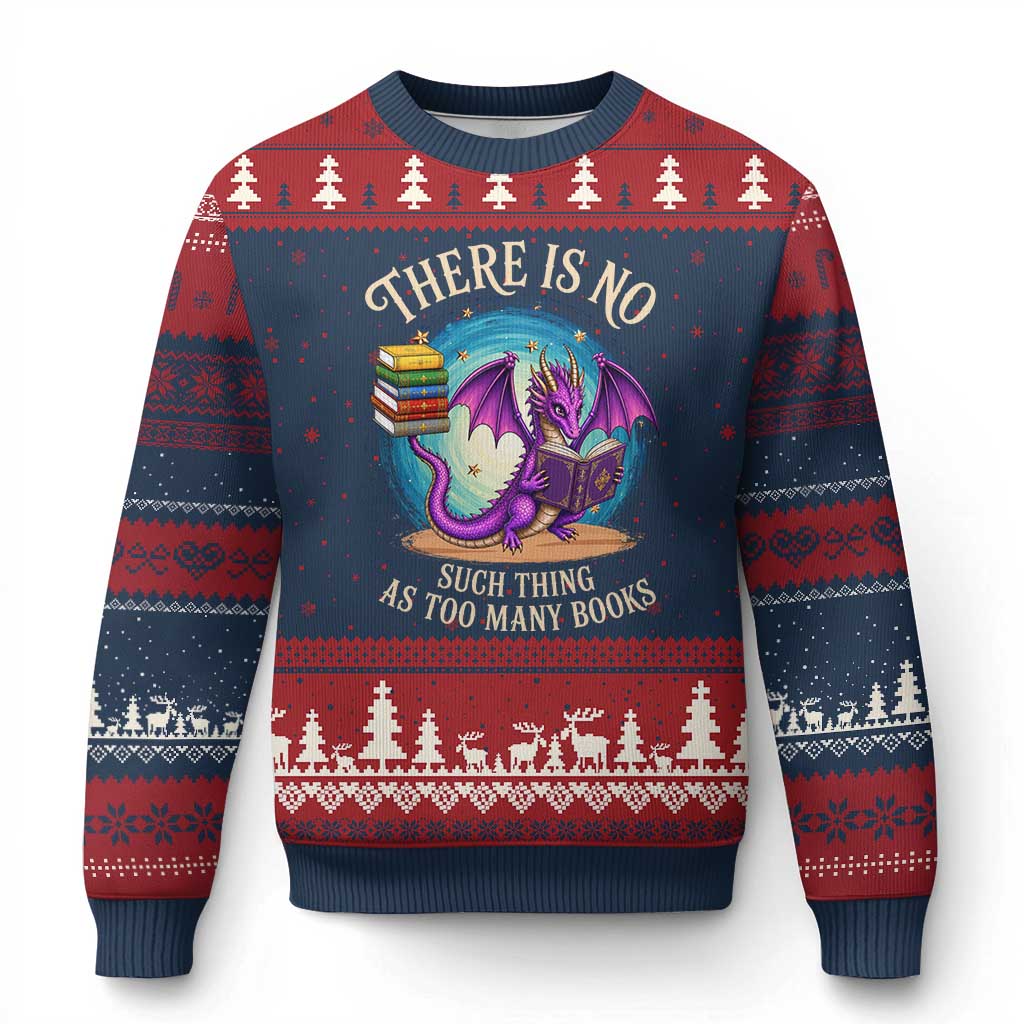 Fantasy Dragon Book Lover Ugly Christmas Sweater There Is No Such Thing As Too Many Books TS12 Navy Red Print Your Wear