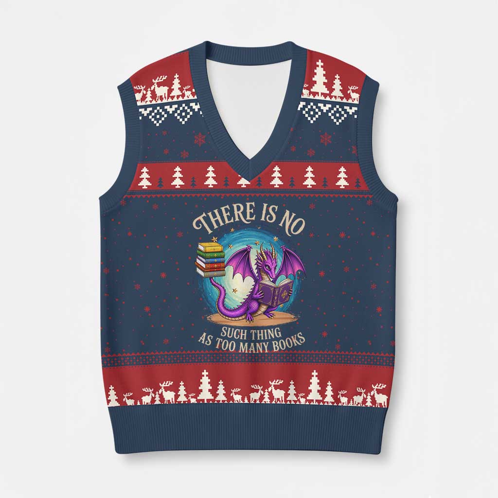 Fantasy Dragon Book Lover V-Neck Knit Sweater Vest There Is No Such Thing As Too Many Books TS12 Navy Red Print Your Wear