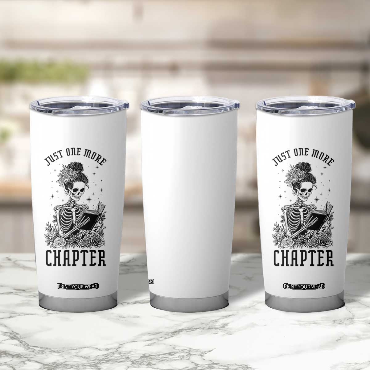 Funny Skeleton Book Lover Tumbler Cup Just One More Chapter