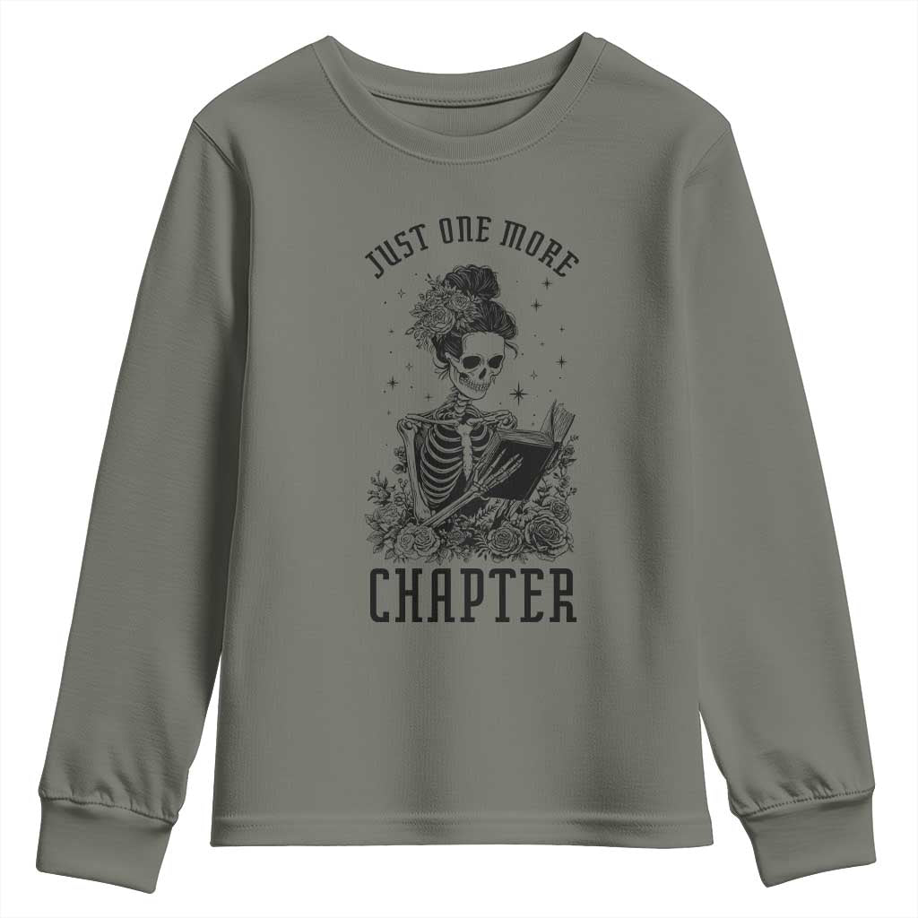 Funny Skeleton Book Lover Youth Sweatshirt Just One More Chapter