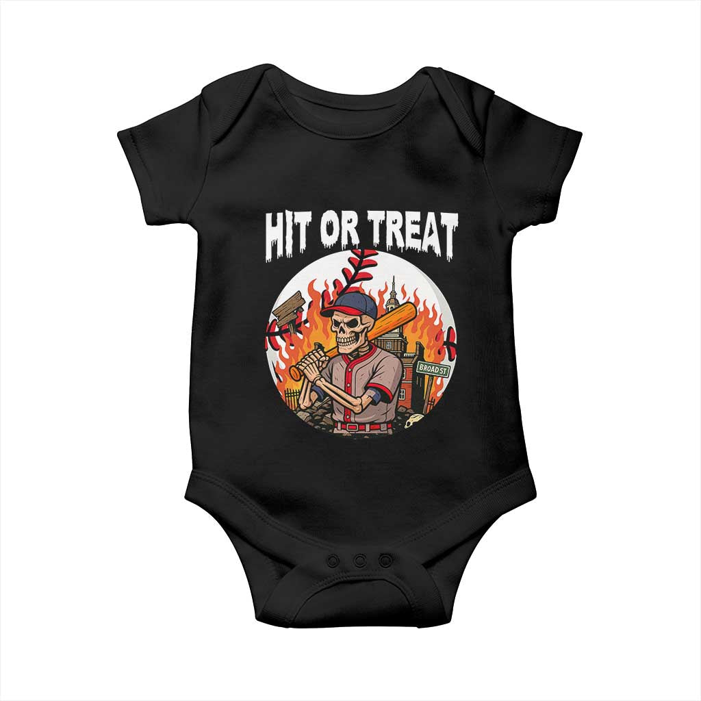 Funny Halloween Baseball Baby Onesie Hit Or Treat Skeleton Player TS12 Black Print Your Wear