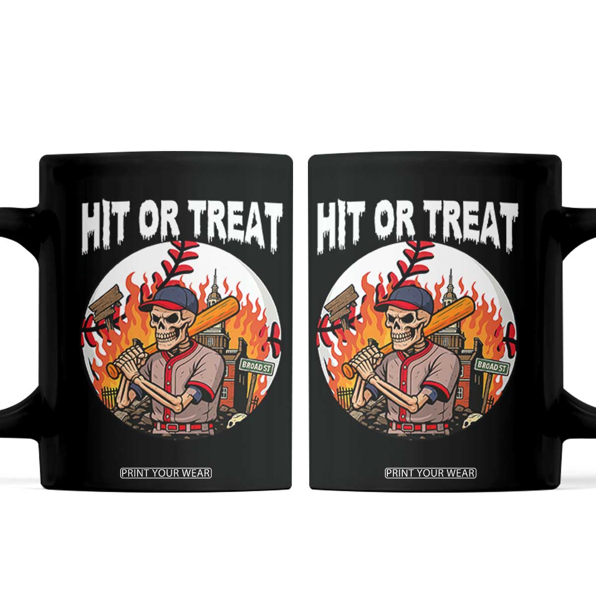 Funny Halloween Baseball Coffee Mug Hit Or Treat Skeleton Player TS12 Black Print Your Wear