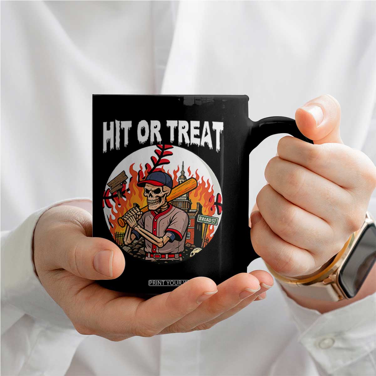 Funny Halloween Baseball Coffee Mug Hit Or Treat Skeleton Player TS12 Print Your Wear