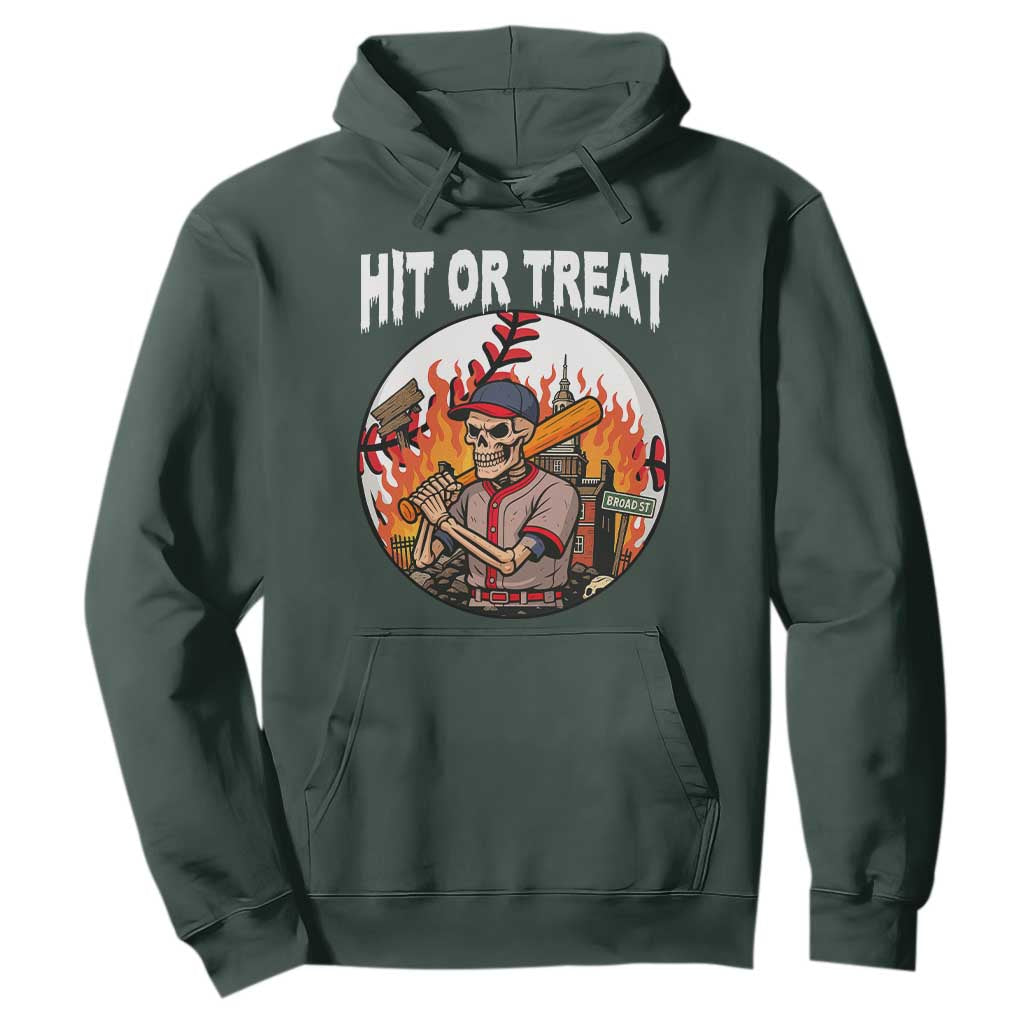 Funny Halloween Baseball Hoodie Hit Or Treat Skeleton Player TS12 Dark Forest Green Print Your Wear