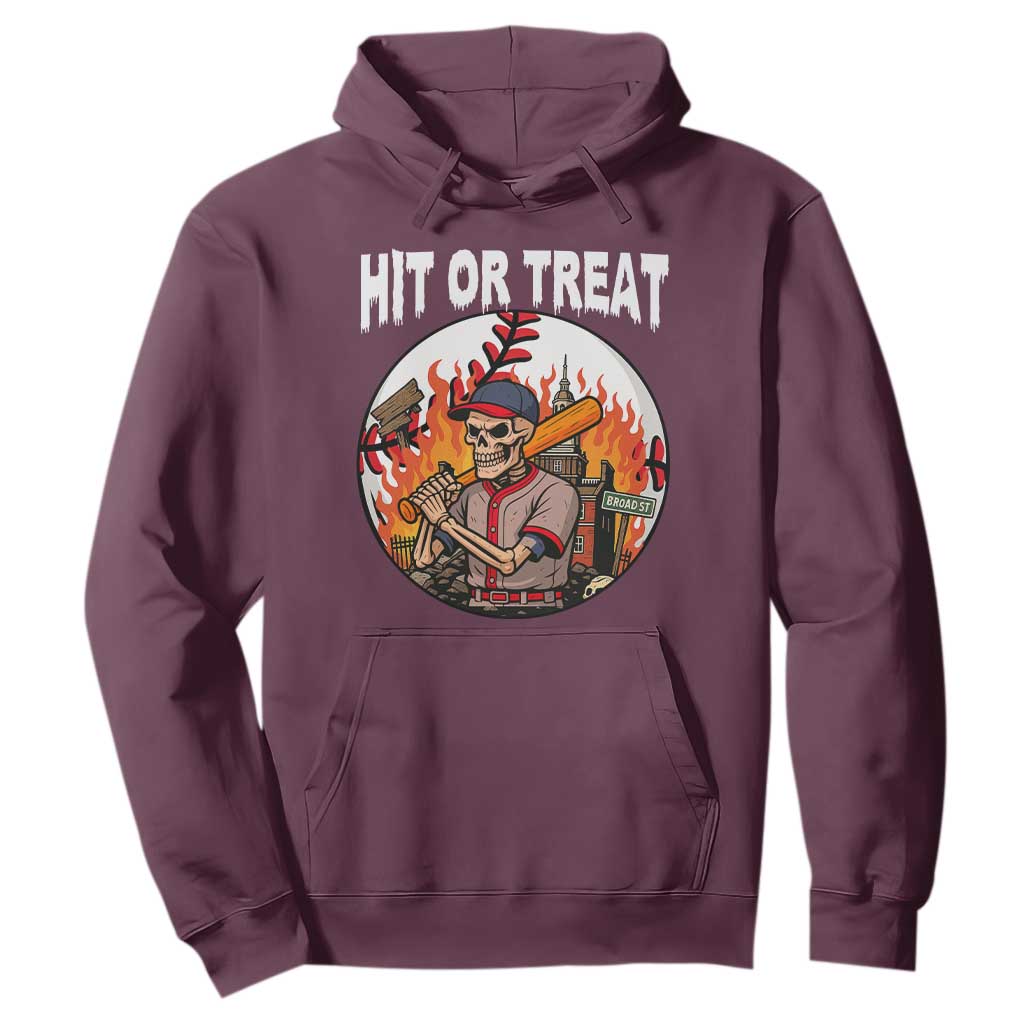Funny Halloween Baseball Hoodie Hit Or Treat Skeleton Player TS12 Maroon Print Your Wear