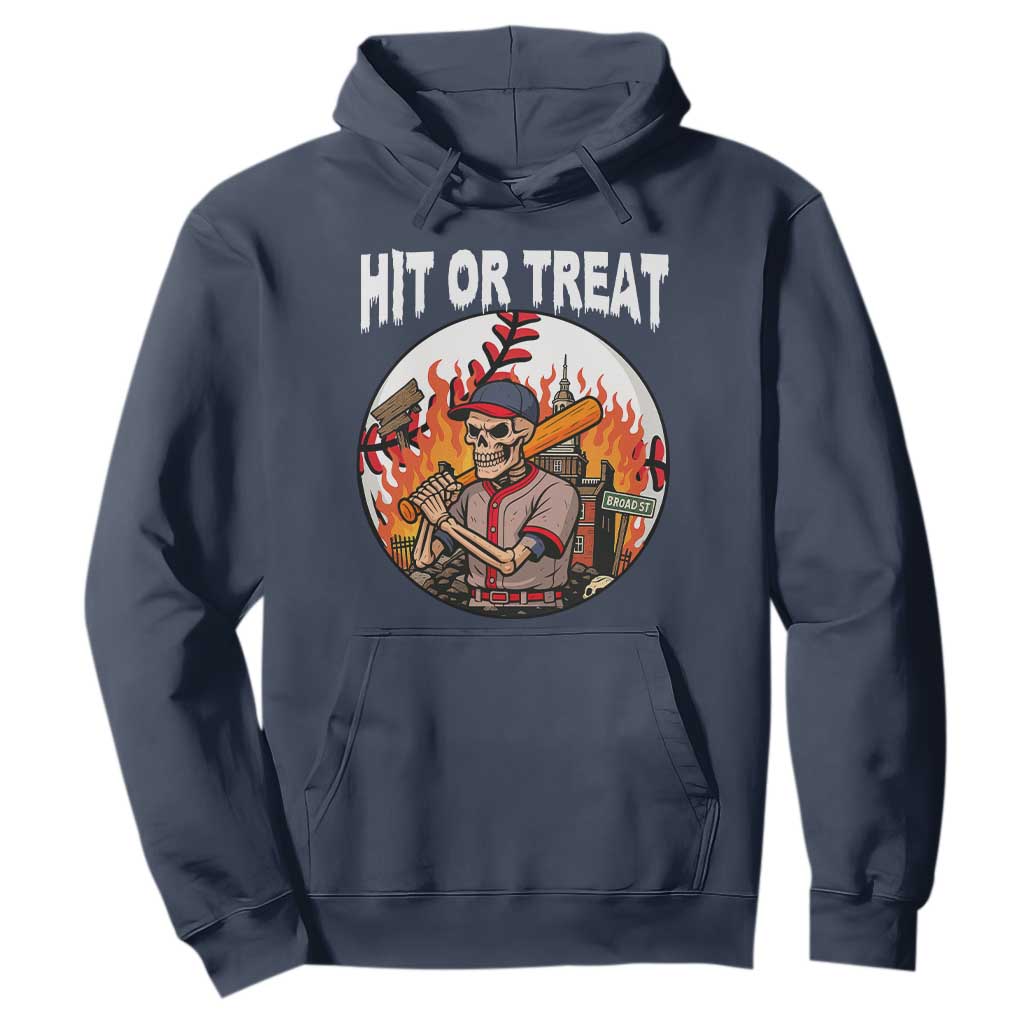 Funny Halloween Baseball Hoodie Hit Or Treat Skeleton Player TS12 Navy Print Your Wear