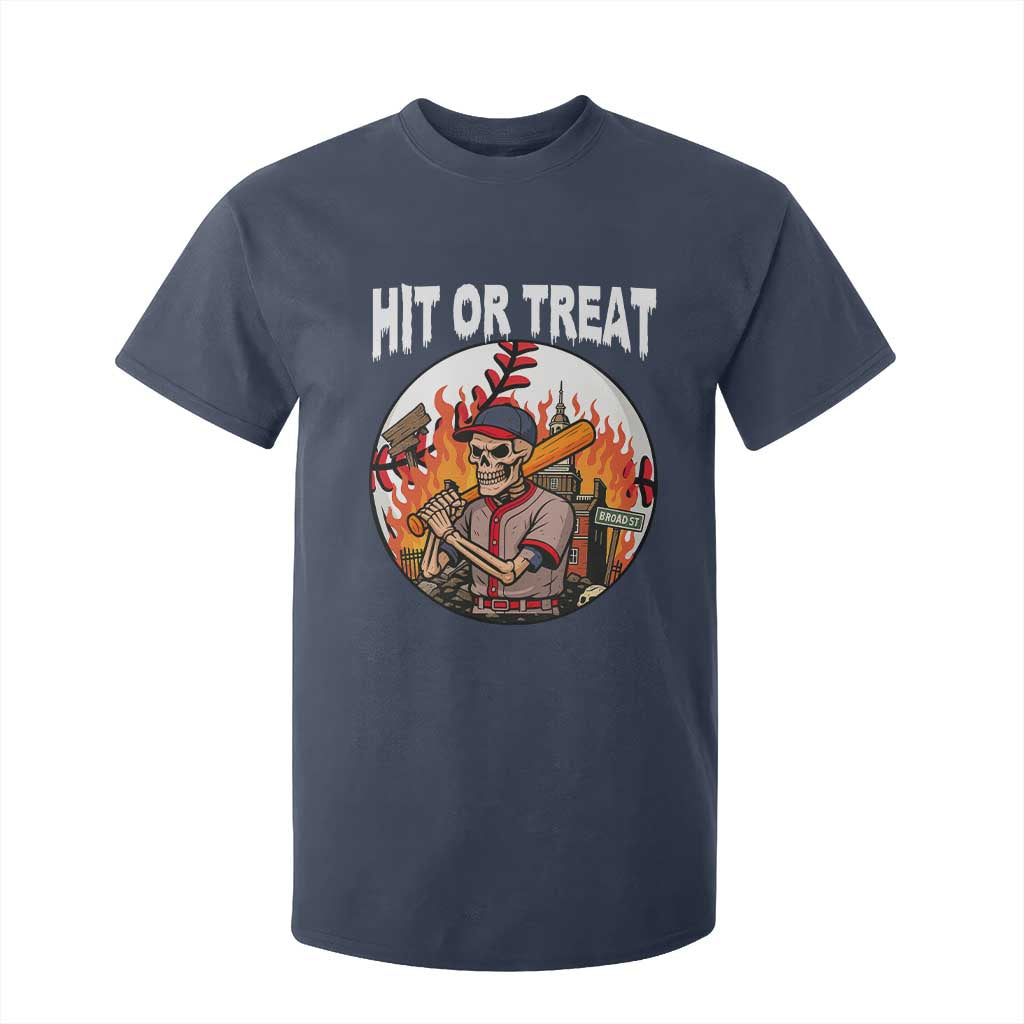 Funny Halloween Baseball T Shirt For Kid Hit Or Treat Skeleton Player TS12 Navy Print Your Wear