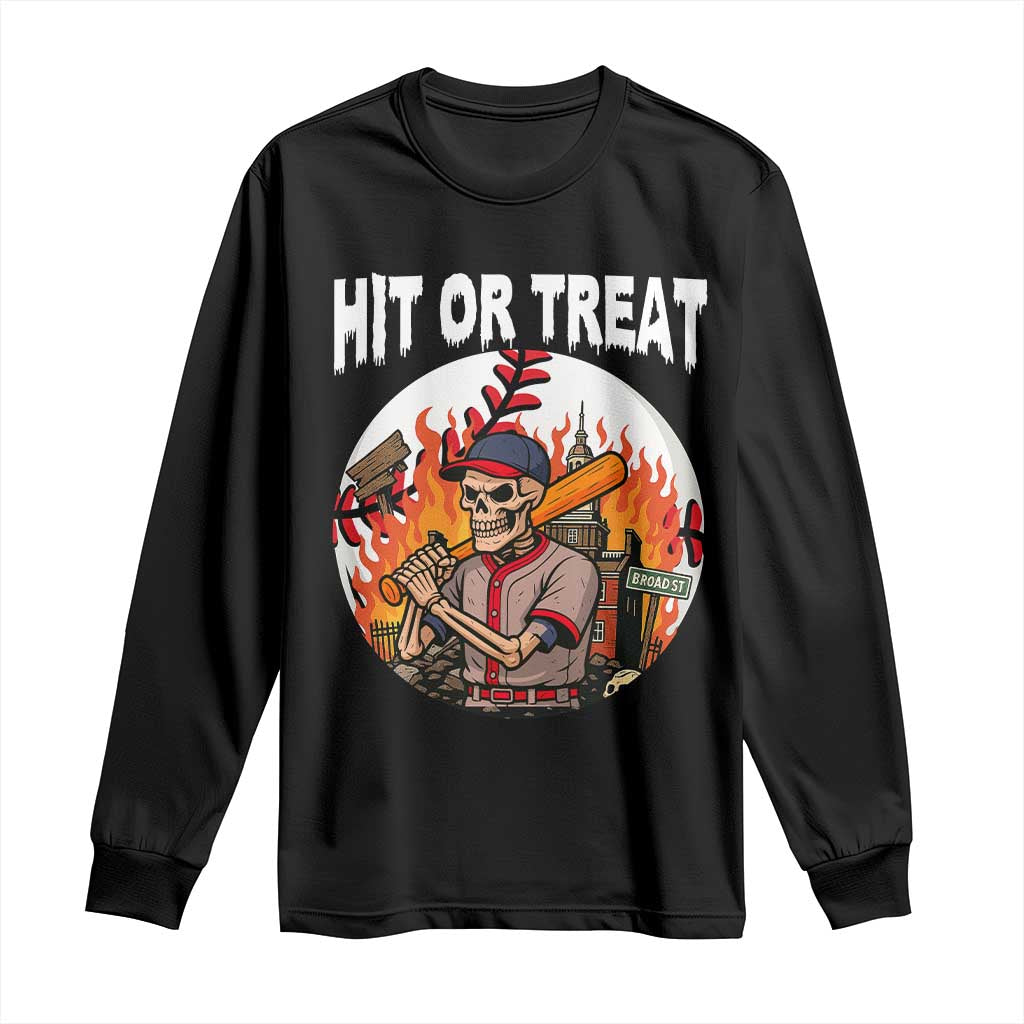 Funny Halloween Baseball Long Sleeve Shirt Hit Or Treat Skeleton Player TS12 Black Print Your Wear