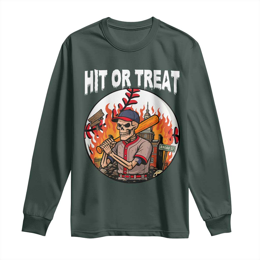 Funny Halloween Baseball Long Sleeve Shirt Hit Or Treat Skeleton Player TS12 Dark Forest Green Print Your Wear