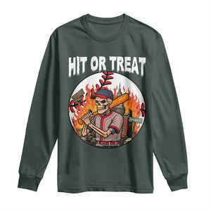 Funny Halloween Baseball Long Sleeve Shirt Hit Or Treat Skeleton Player TS12 Dark Forest Green Print Your Wear