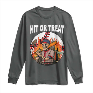 Funny Halloween Baseball Long Sleeve Shirt Hit Or Treat Skeleton Player TS12 Dark Heather Print Your Wear