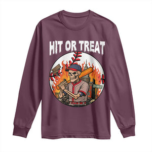 Funny Halloween Baseball Long Sleeve Shirt Hit Or Treat Skeleton Player TS12 Maroon Print Your Wear