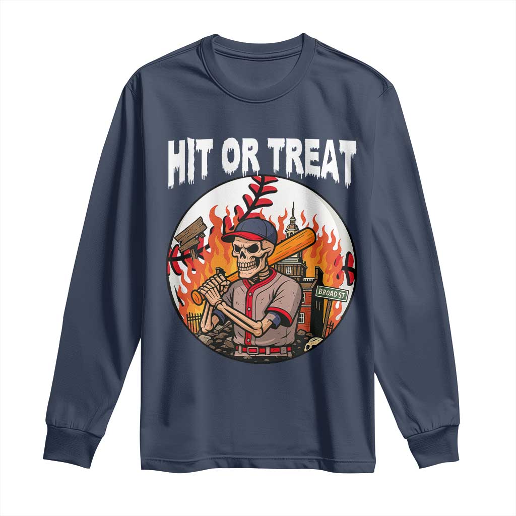 Funny Halloween Baseball Long Sleeve Shirt Hit Or Treat Skeleton Player TS12 Navy Print Your Wear