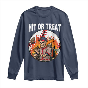 Funny Halloween Baseball Long Sleeve Shirt Hit Or Treat Skeleton Player TS12 Navy Print Your Wear