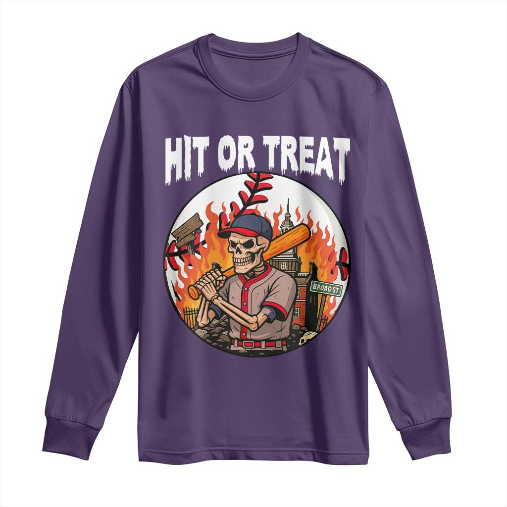 Funny Halloween Baseball Long Sleeve Shirt Hit Or Treat Skeleton Player TS12 Purple Print Your Wear