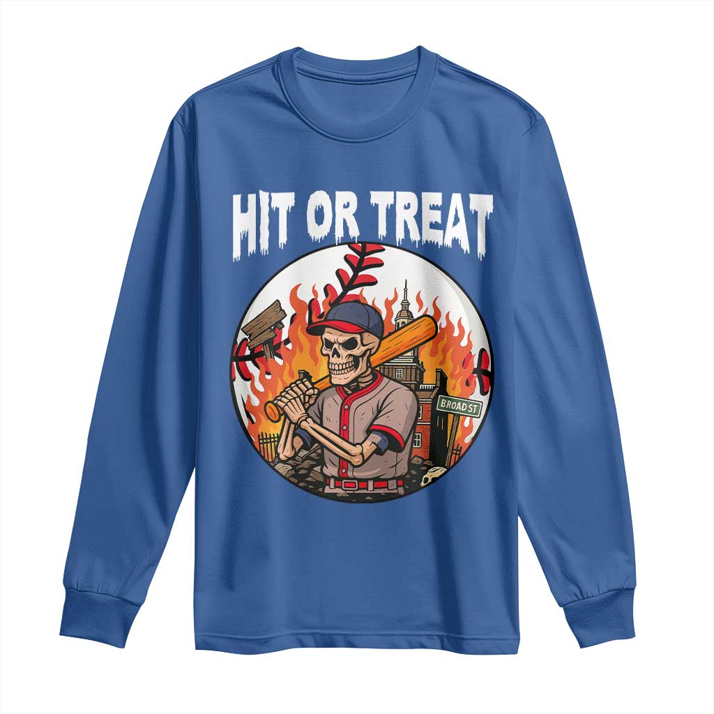 Funny Halloween Baseball Long Sleeve Shirt Hit Or Treat Skeleton Player TS12 Royal Blue Print Your Wear