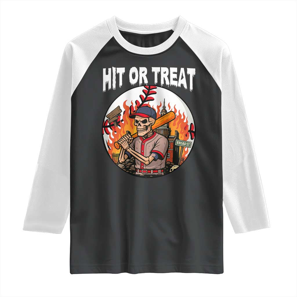 Funny Halloween Baseball Raglan Shirt Hit Or Treat Skeleton Player TS12 Black White Print Your Wear