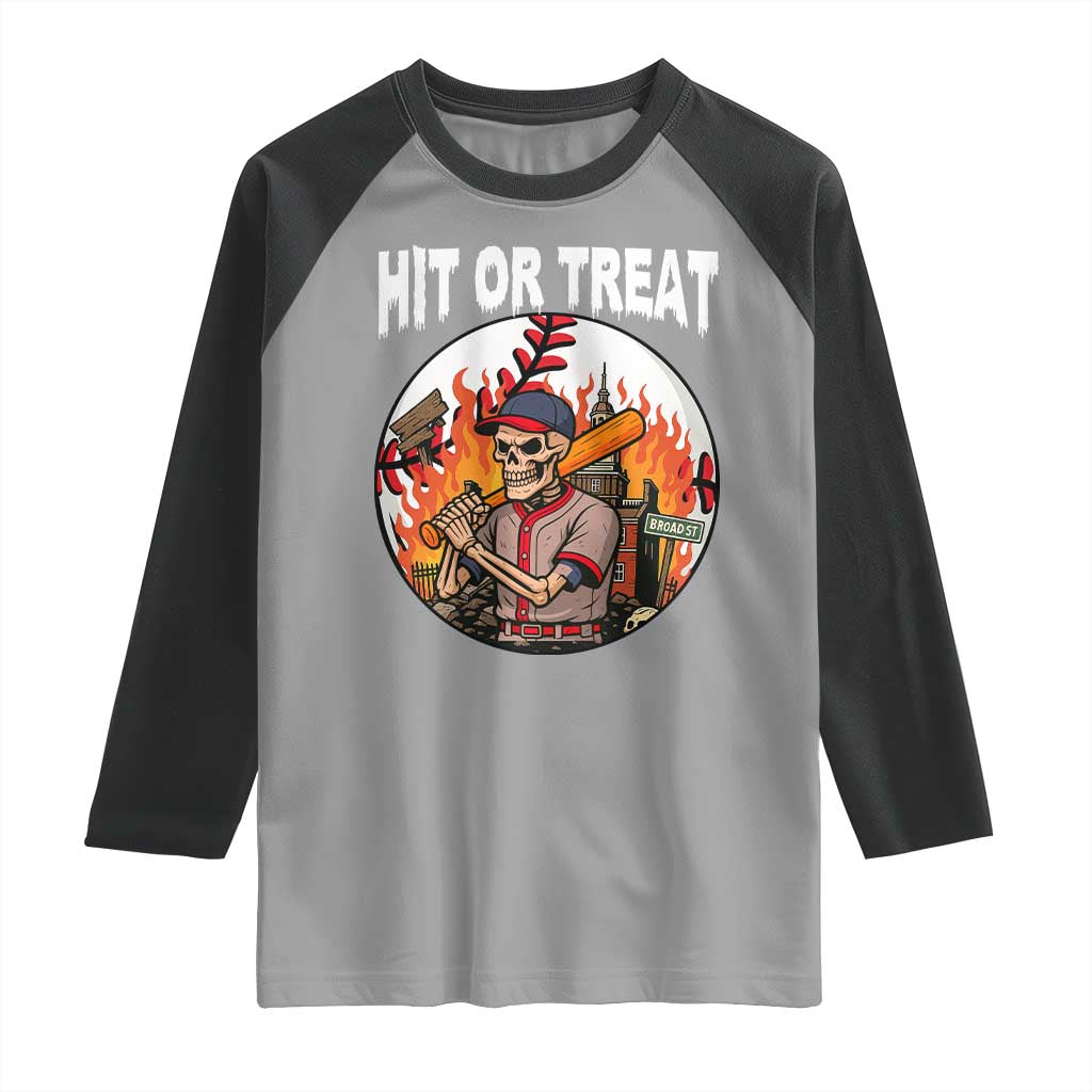 Funny Halloween Baseball Raglan Shirt Hit Or Treat Skeleton Player TS12 Sport Gray Black Print Your Wear