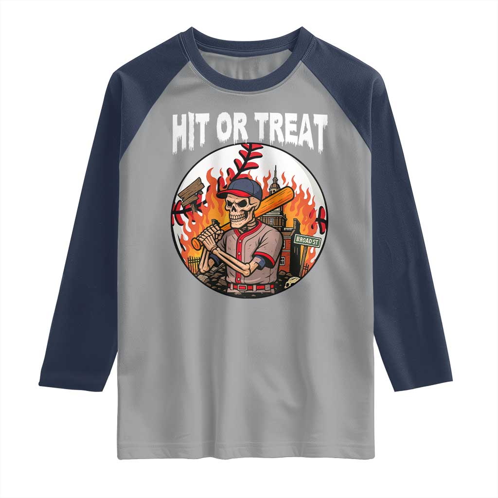 Funny Halloween Baseball Raglan Shirt Hit Or Treat Skeleton Player TS12 Sport Gray Navy Print Your Wear