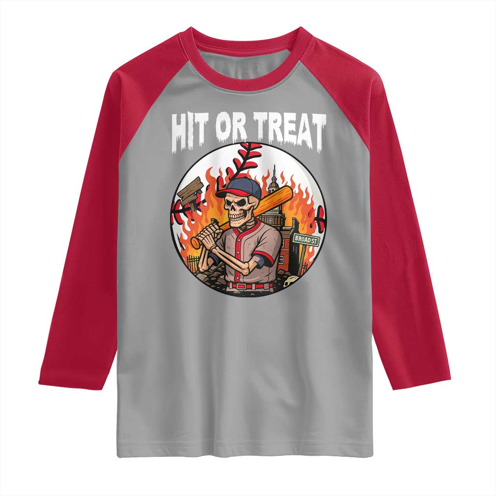 Funny Halloween Baseball Raglan Shirt Hit Or Treat Skeleton Player TS12 Sport Gray Red Print Your Wear