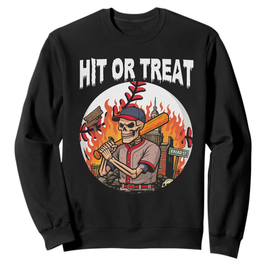 Funny Halloween Baseball Sweatshirt Hit Or Treat Skeleton Player TS12 Black Print Your Wear