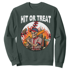 Funny Halloween Baseball Sweatshirt Hit Or Treat Skeleton Player TS12 Dark Forest Green Print Your Wear