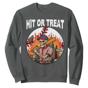 Funny Halloween Baseball Sweatshirt Hit Or Treat Skeleton Player TS12 Dark Heather Print Your Wear