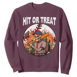 Funny Halloween Baseball Sweatshirt Hit Or Treat Skeleton Player TS12 Maroon Print Your Wear