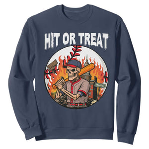 Funny Halloween Baseball Sweatshirt Hit Or Treat Skeleton Player TS12 Navy Print Your Wear