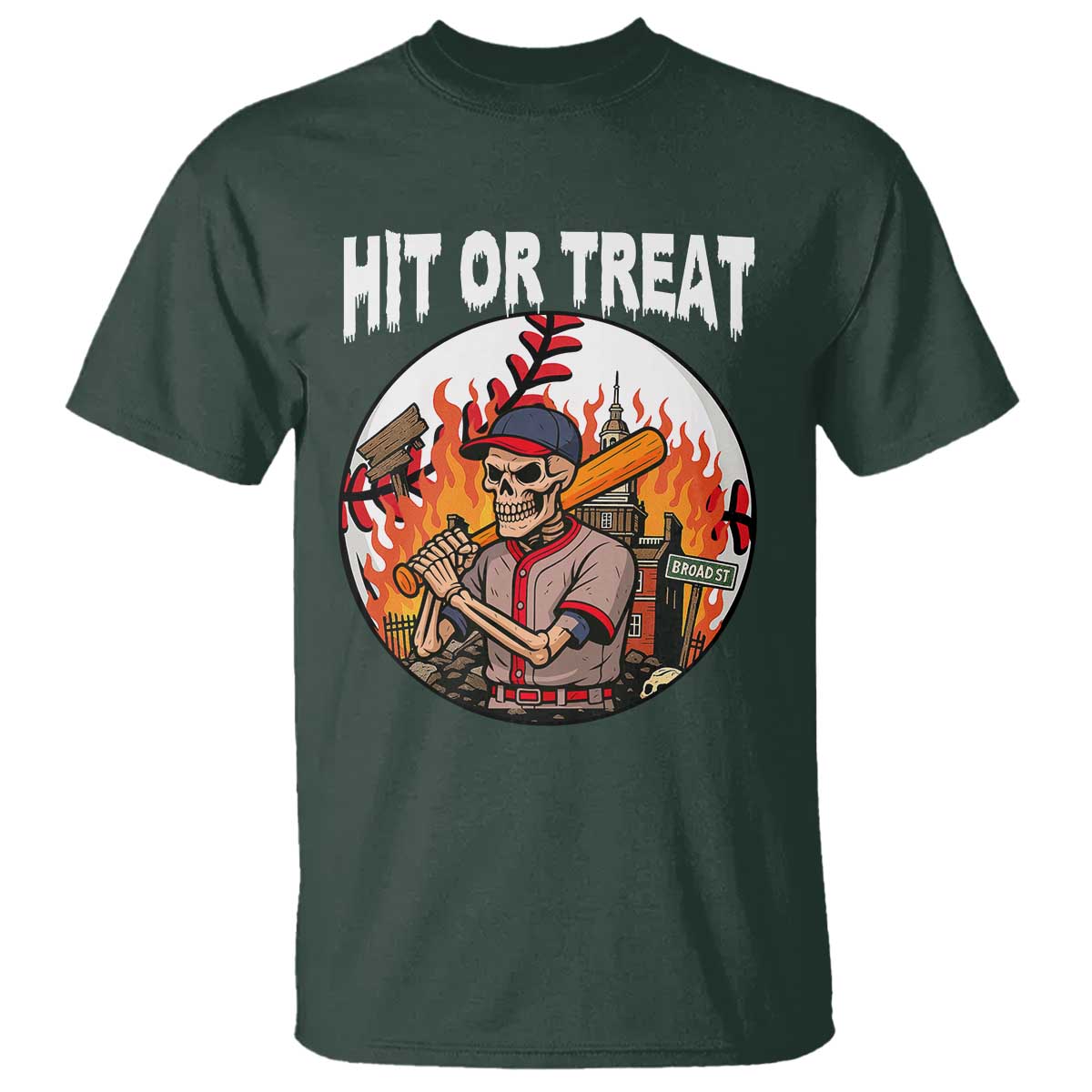 Funny Halloween Baseball T Shirt Hit Or Treat Skeleton Player TS12 Dark Forest Green Print Your Wear