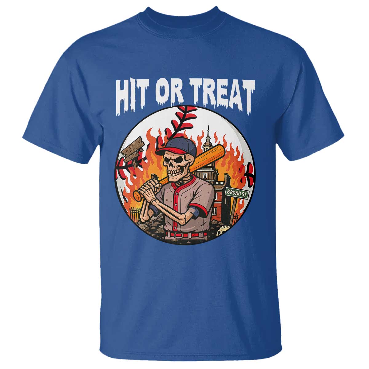 Funny Halloween Baseball T Shirt Hit Or Treat Skeleton Player TS12 Royal Blue Print Your Wear