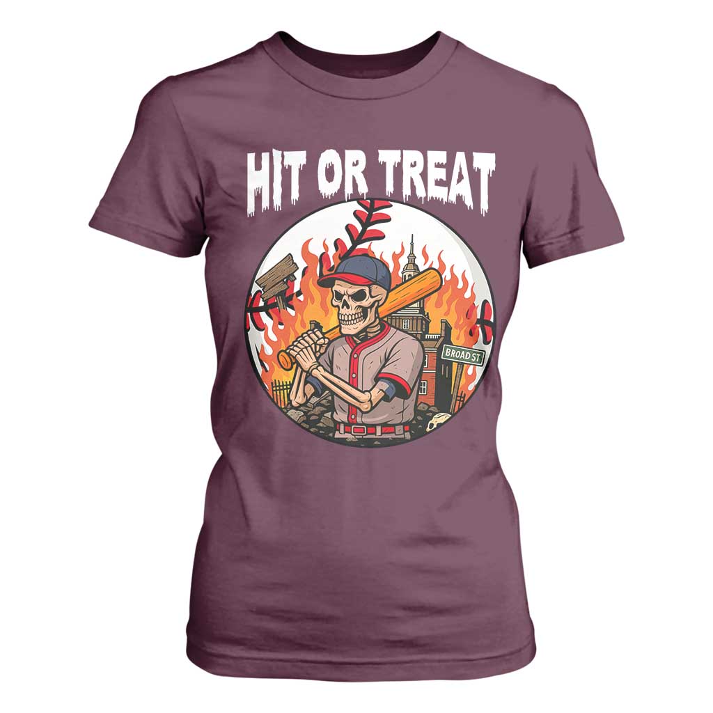 Funny Halloween Baseball T Shirt For Women Hit Or Treat Skeleton Player TS12 Maroon Print Your Wear