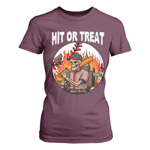Funny Halloween Baseball T Shirt For Women Hit Or Treat Skeleton Player TS12 Maroon Print Your Wear