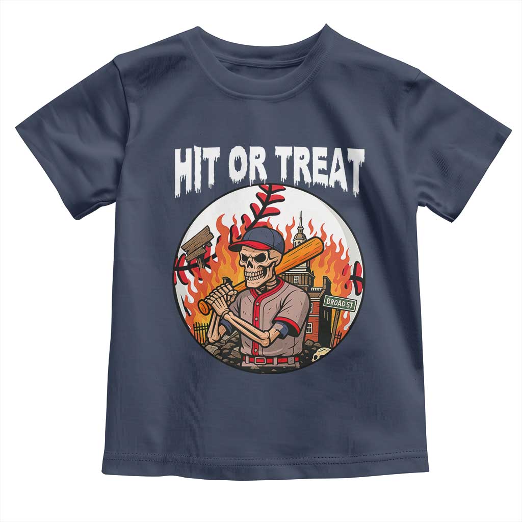 Funny Halloween Baseball Toddler T Shirt Hit Or Treat Skeleton Player TS12 Navy Print Your Wear