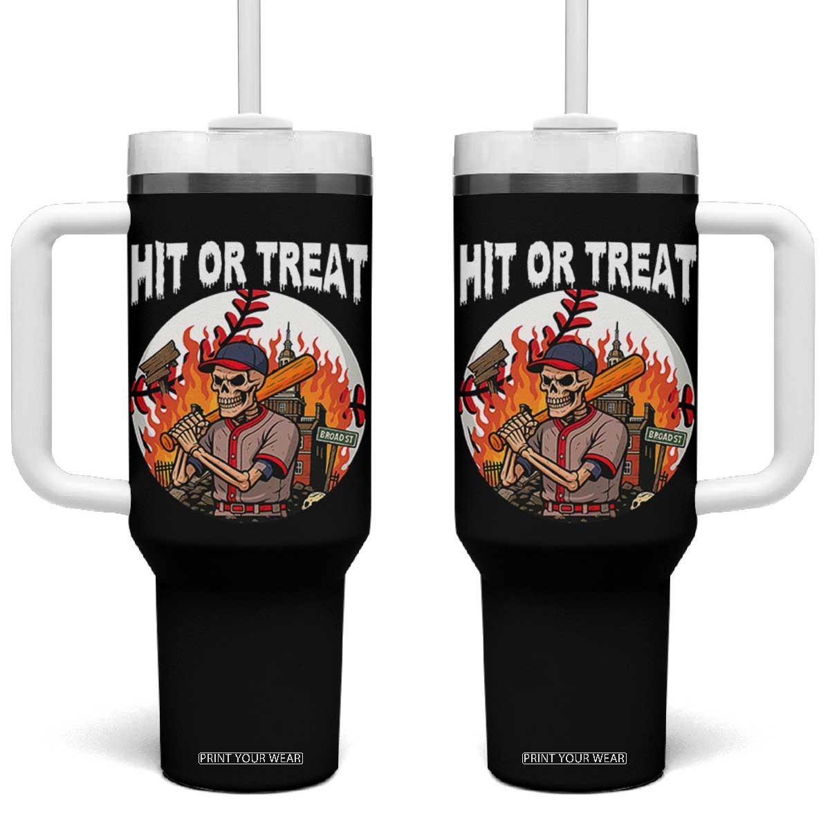 Funny Halloween Baseball Tumbler With Handle Hit Or Treat Skeleton Player TS12 One Size: 40 oz Black Print Your Wear