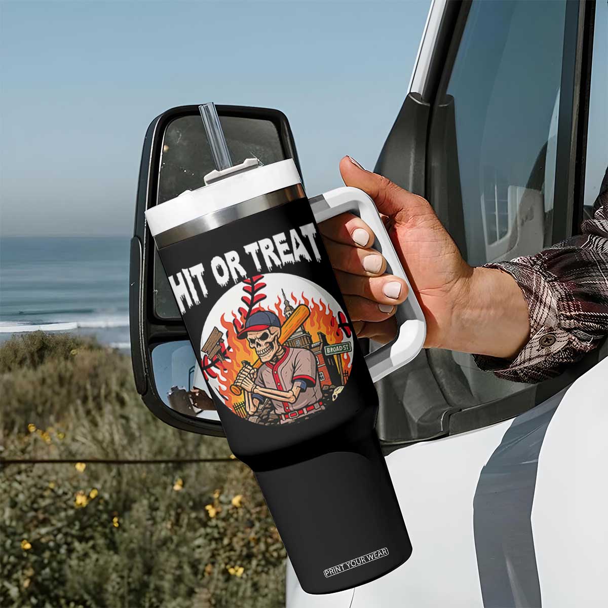 Funny Halloween Baseball Tumbler With Handle Hit Or Treat Skeleton Player TS12 Print Your Wear