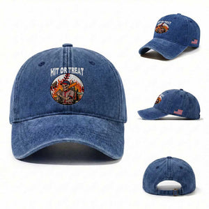 Funny Halloween Baseball Washed Cotton Baseball Cap Hit Or Treat Skeleton Player TS12 Washed Cap Universal Fit Royal Blue Print Your Wear