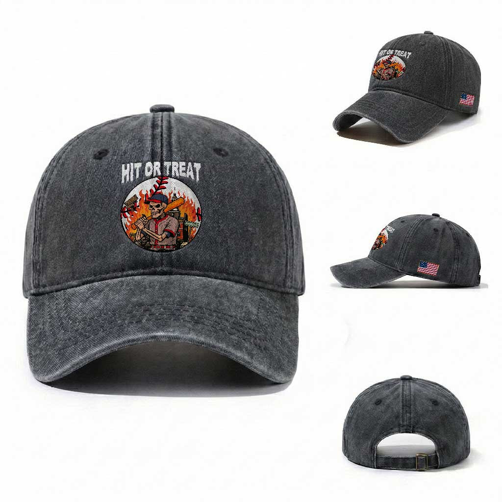 Funny Halloween Baseball Washed Cotton Baseball Cap Hit Or Treat Skeleton Player TS12 Washed Cap Universal Fit Dark Gray Print Your Wear
