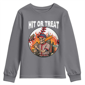 Funny Halloween Baseball Youth Sweatshirt Hit Or Treat Skeleton Player TS12 Charcoal Print Your Wear