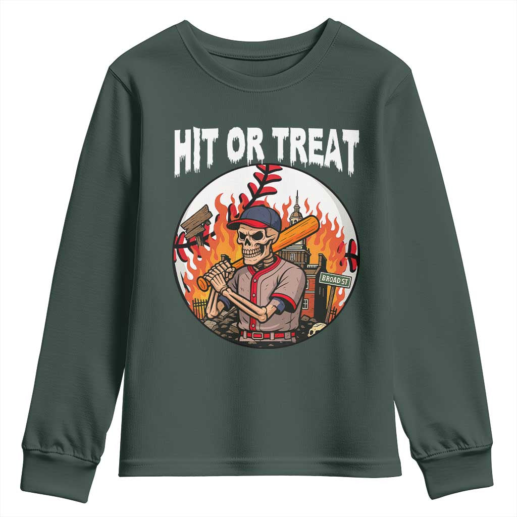 Funny Halloween Baseball Youth Sweatshirt Hit Or Treat Skeleton Player TS12 Dark Forest Green Print Your Wear