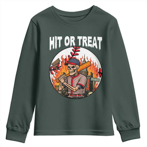 Funny Halloween Baseball Youth Sweatshirt Hit Or Treat Skeleton Player TS12 Dark Forest Green Print Your Wear