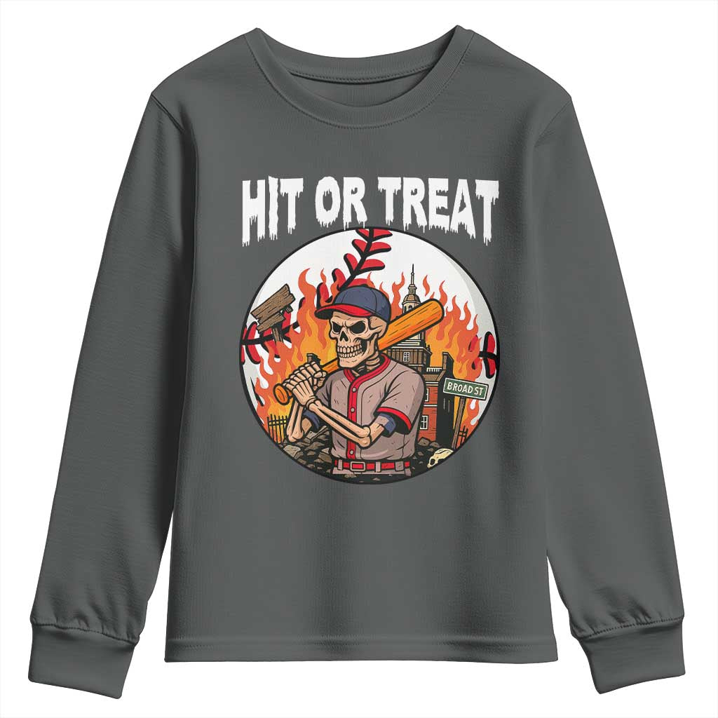 Funny Halloween Baseball Youth Sweatshirt Hit Or Treat Skeleton Player TS12 Dark Heather Print Your Wear