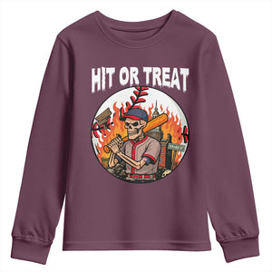 Funny Halloween Baseball Youth Sweatshirt Hit Or Treat Skeleton Player TS12 Maroon Print Your Wear