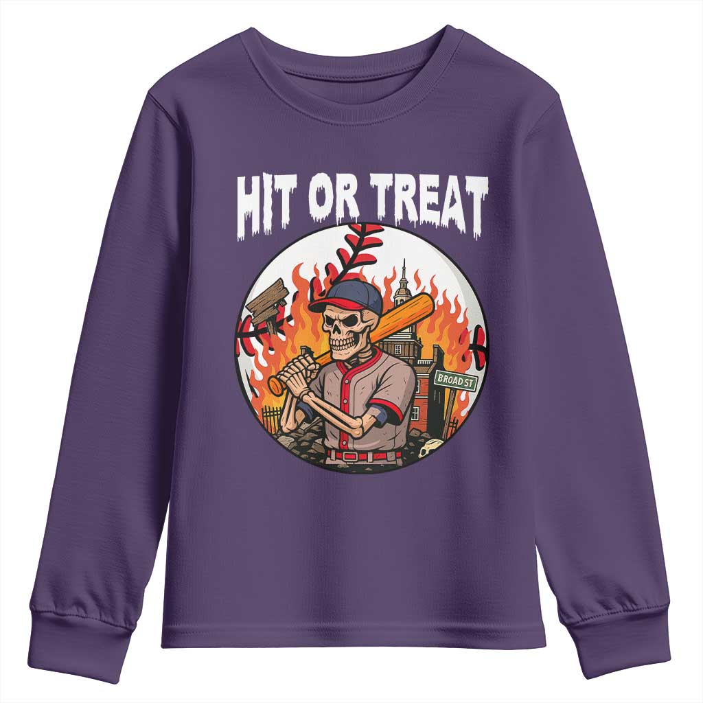 Funny Halloween Baseball Youth Sweatshirt Hit Or Treat Skeleton Player TS12 Purple Print Your Wear