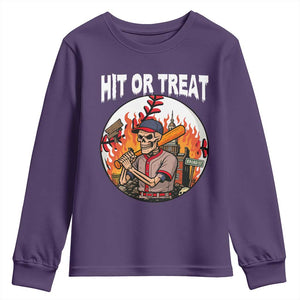 Funny Halloween Baseball Youth Sweatshirt Hit Or Treat Skeleton Player TS12 Purple Print Your Wear