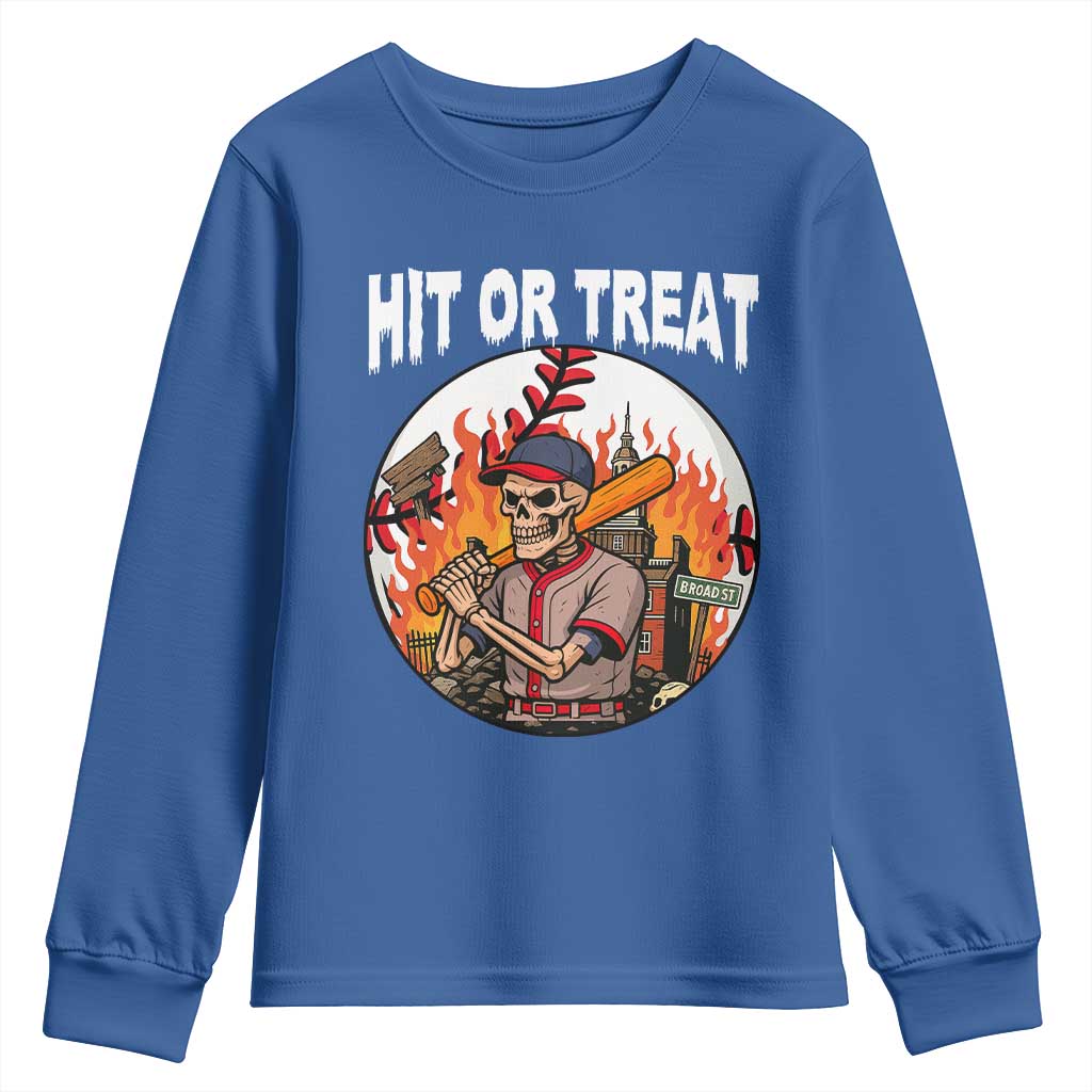 Funny Halloween Baseball Youth Sweatshirt Hit Or Treat Skeleton Player TS12 Royal Blue Print Your Wear