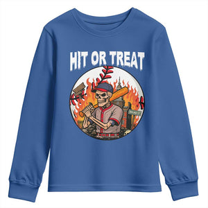 Funny Halloween Baseball Youth Sweatshirt Hit Or Treat Skeleton Player TS12 Royal Blue Print Your Wear