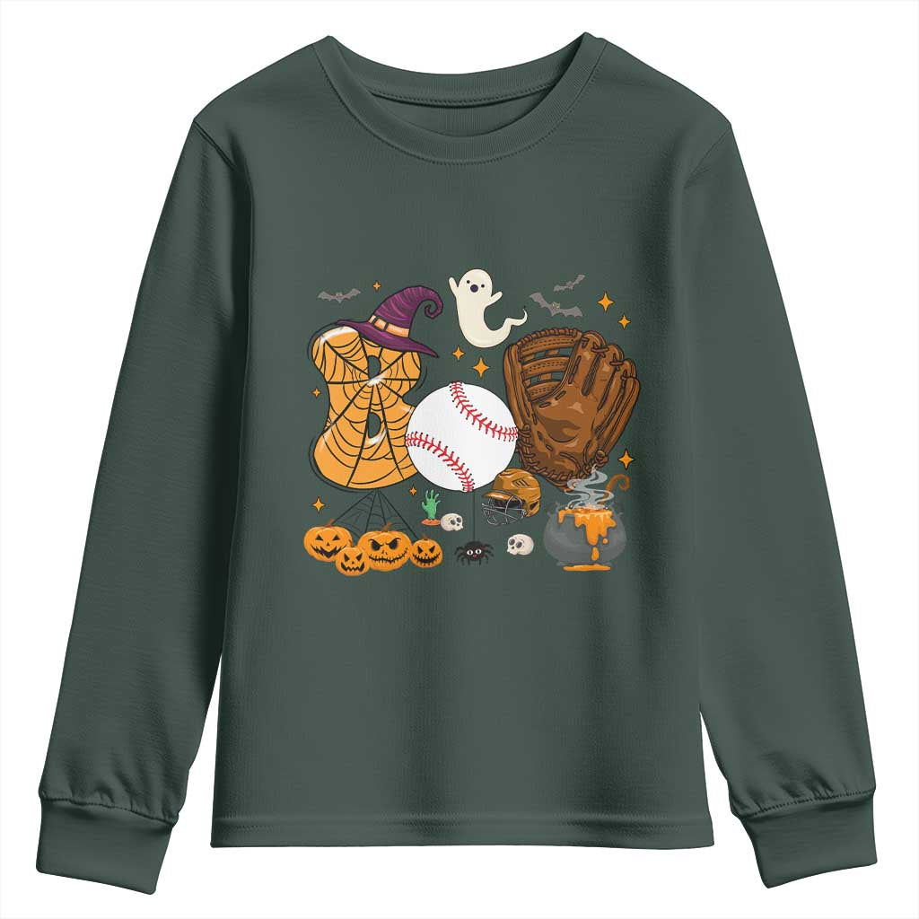 Halloween Baseball Youth Sweatshirt Funny Boo Player Gift For Catcher TS12 Dark Forest Green Print Your Wear