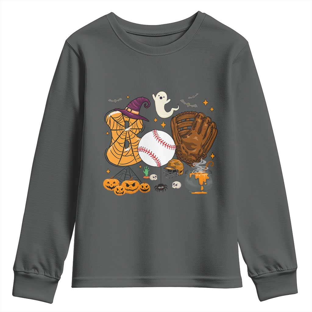 Halloween Baseball Youth Sweatshirt Funny Boo Player Gift For Catcher TS12 Dark Heather Print Your Wear