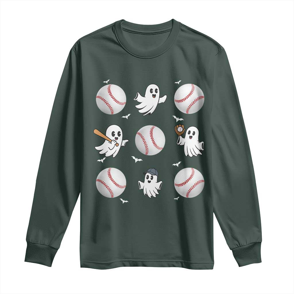 Halloween Baseball Long Sleeve Shirt Cute Ghost Playing Ball Gift TS12 Dark Forest Green Print Your Wear